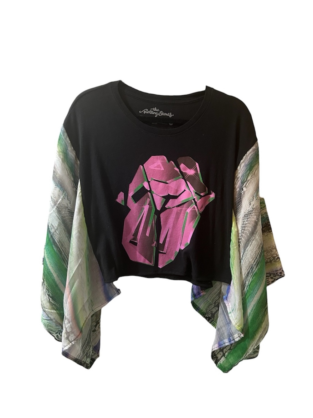Black Cropped Top with Pink Graphic & Green Sheer Sleeves